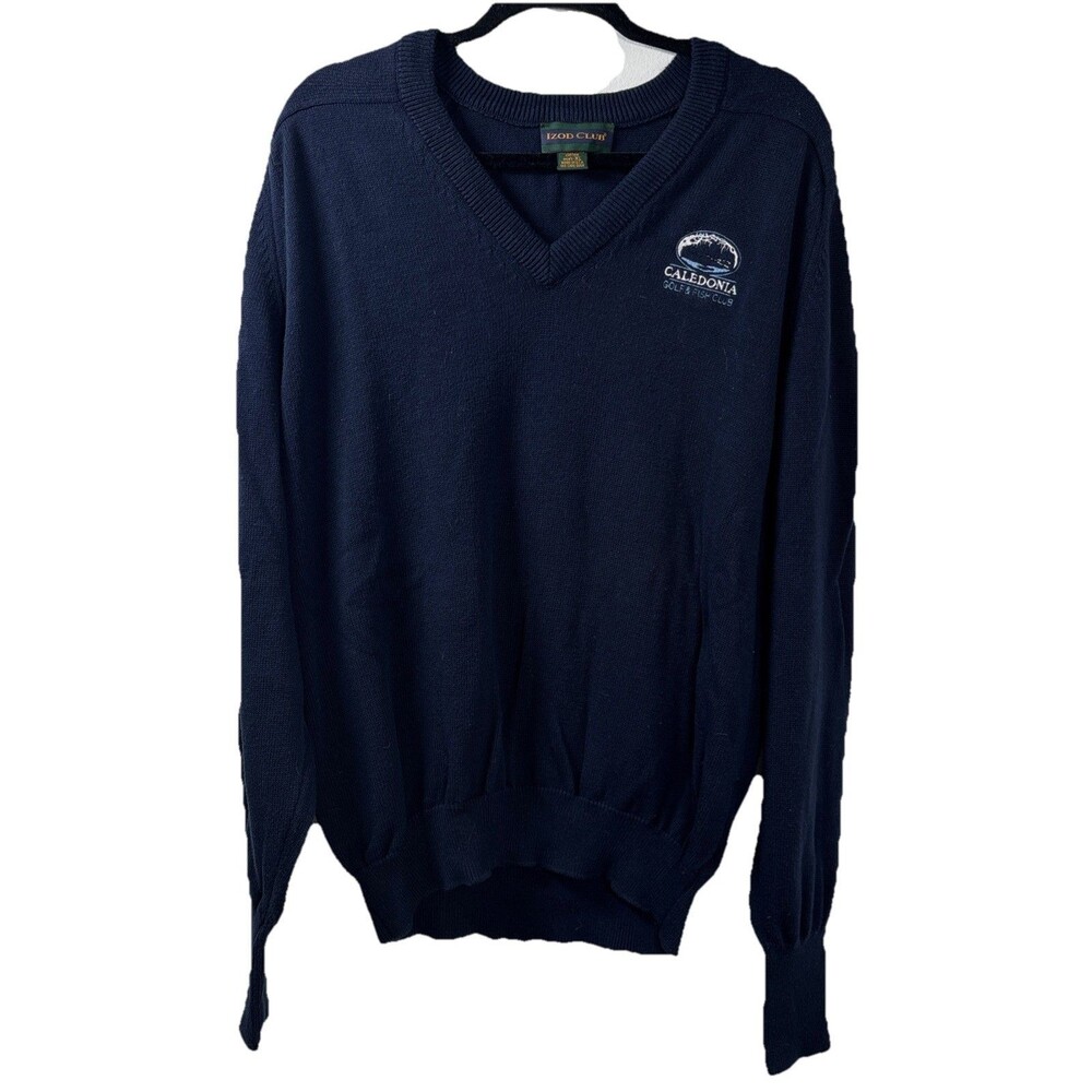 VTG 80s 90s Izod Club V-Neck sweater caledonia Golf & Fish Club XL Navy blue